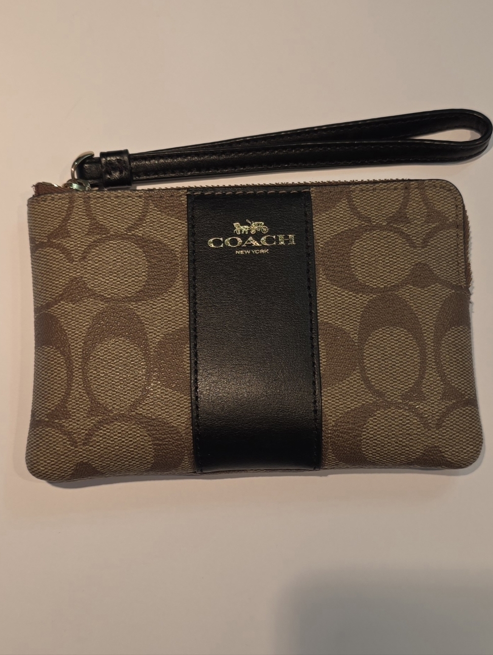 Coach Brown Signature Canvas Wristlet with Black Leather Strap 6.5 in x 4.5 in